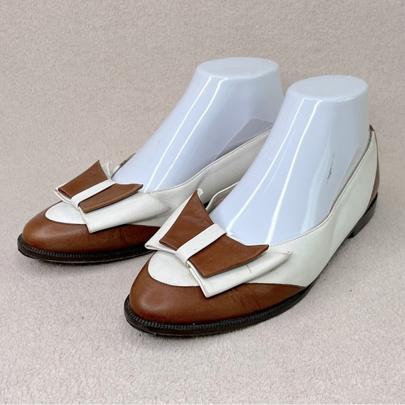 Vintage Bertie Leather Bow Flats Loafers-Cream/Brown-Women’s 7-Vtg-Retro-Classic - Picture 1 of 13